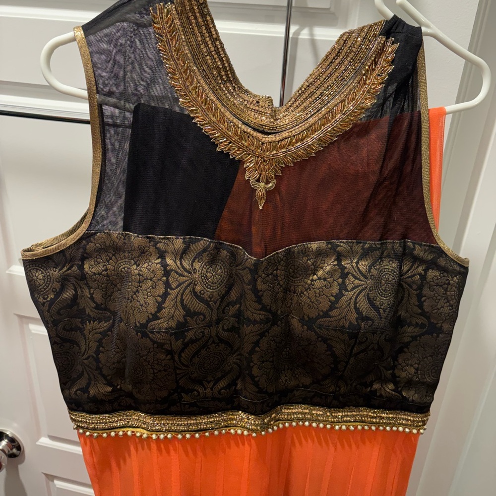 Embellished Black & Orange Sleeveless Evening Dress